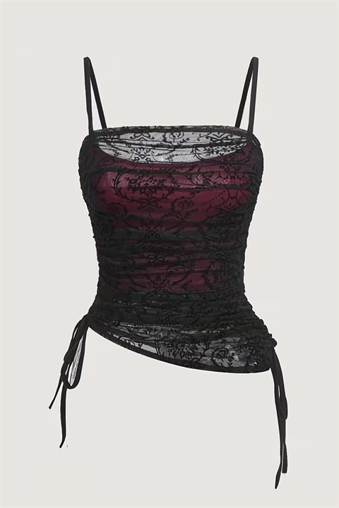 Bordo Transparan Dantelli Desenli Gotik Y2K Askılı Crop