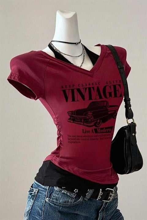 Bordo Vintage Modern Life Ek Askılı Y2K Kısa Kollu Crop