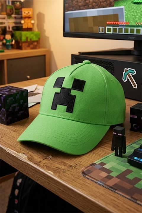 Çocuk Yeşil Minecraft Creeper Face Baseball Şapka