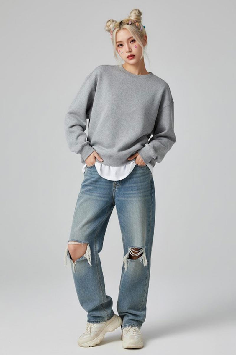 Düz Gri Melanj Orta Kalınlıkta Kumaş Oversize Unisex Uzun Kollu