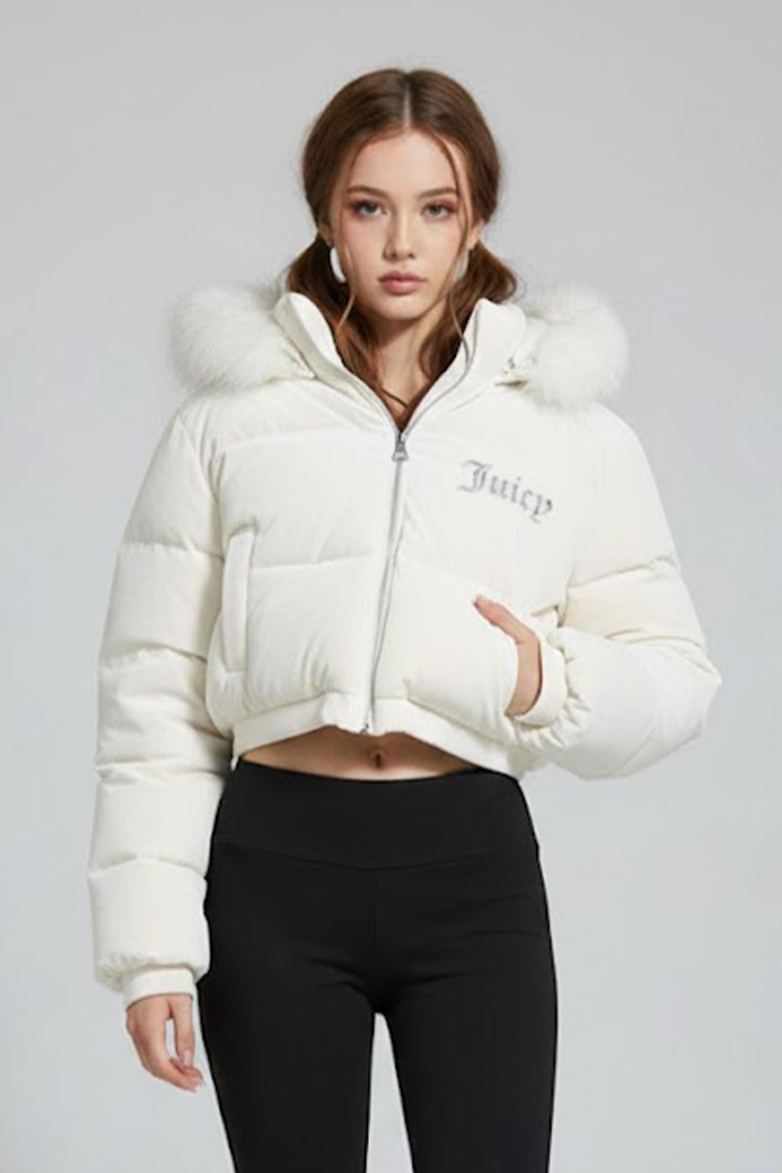 Ekru Juicy Peluş Kapüşonlu Şişme Crop Mont