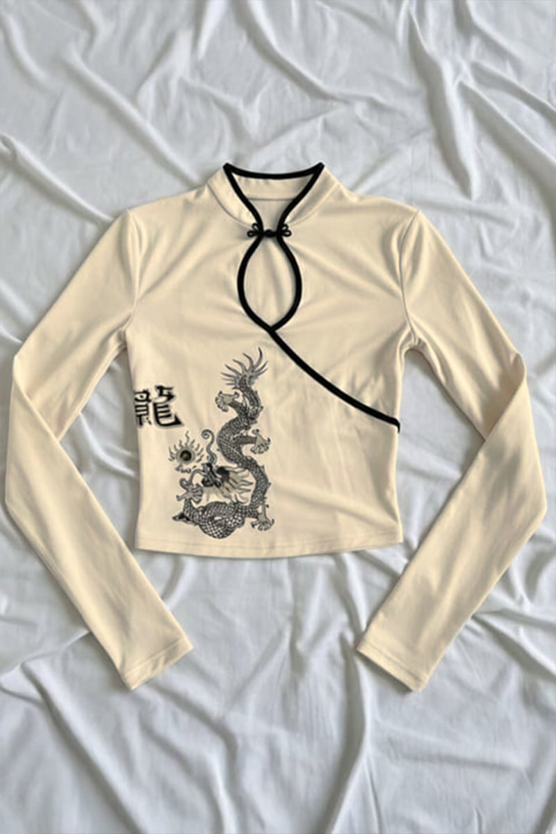 Ekru Mandarin Yaka Ejderha Motifli Vintage Y2K Uzun Kollu Crop