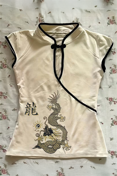Ekru Mandarin Yaka Ejderha Motifli Vintage Y2K Kısa Kollu Crop