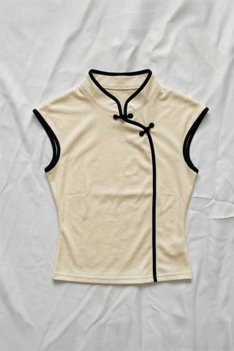 Ekru Mandarin Yaka Siyah Şeritli Qipao Y2K Kısa Kollu Crop