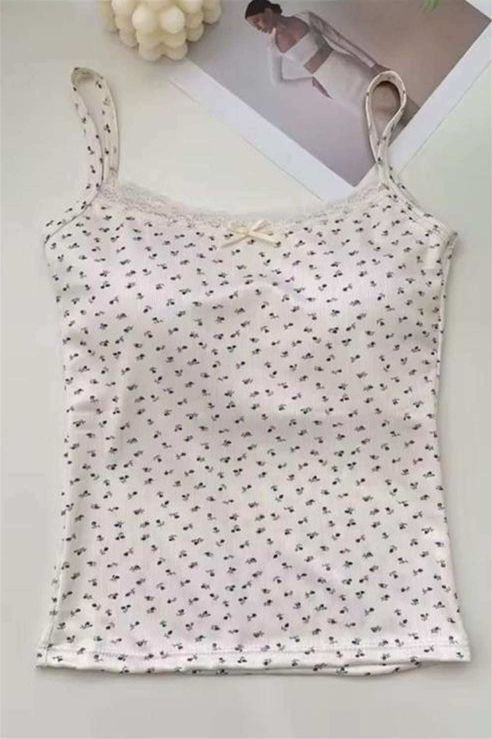 Ekru Minik Fiyonk Ve Çiçek Desenli Askılı Crop