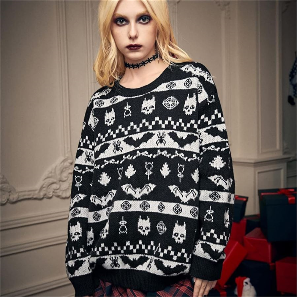 Etnik Siyah Gothic Desenli Oversize Kazak