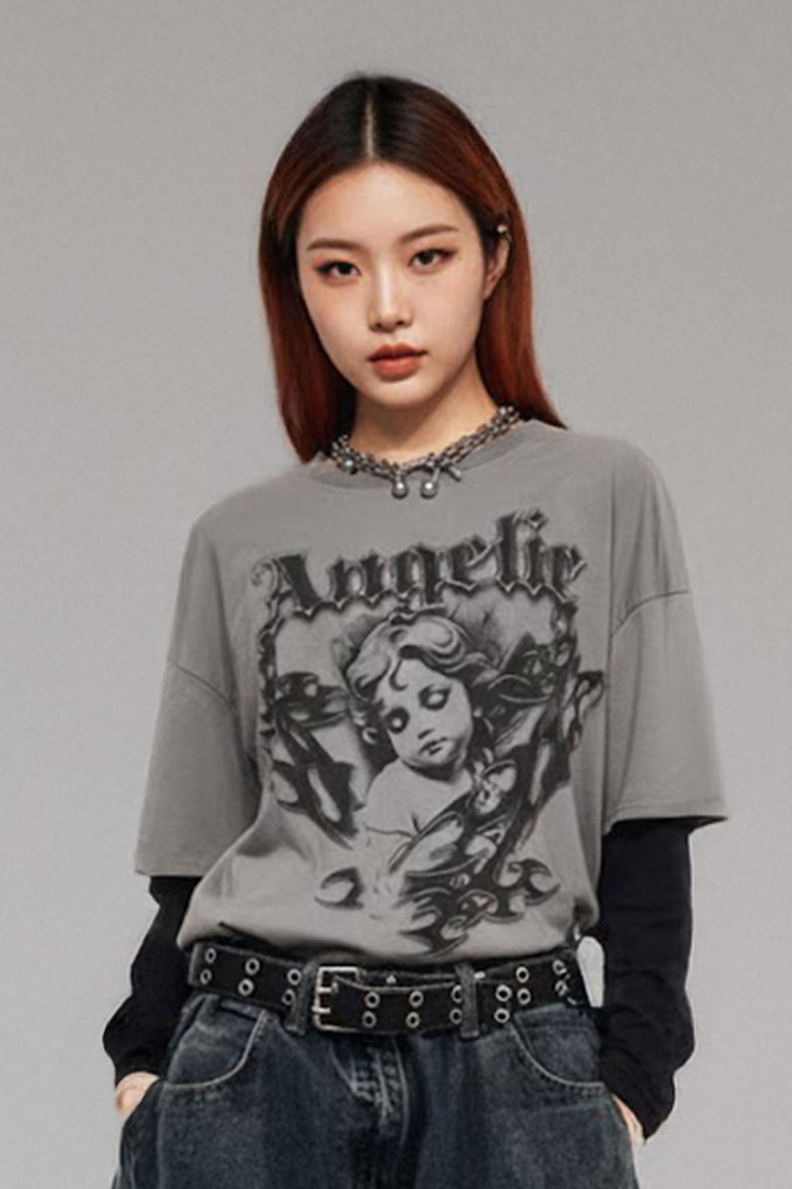 Füme Gotik Angelic Harajuku Siyah Kollu Y2K Uzun Kollu T-Shirt