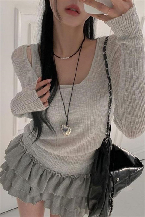 Gri Ek Askılı Madonna Yaka Harajuku Grunge Y2K Uzun Kollu Crop
