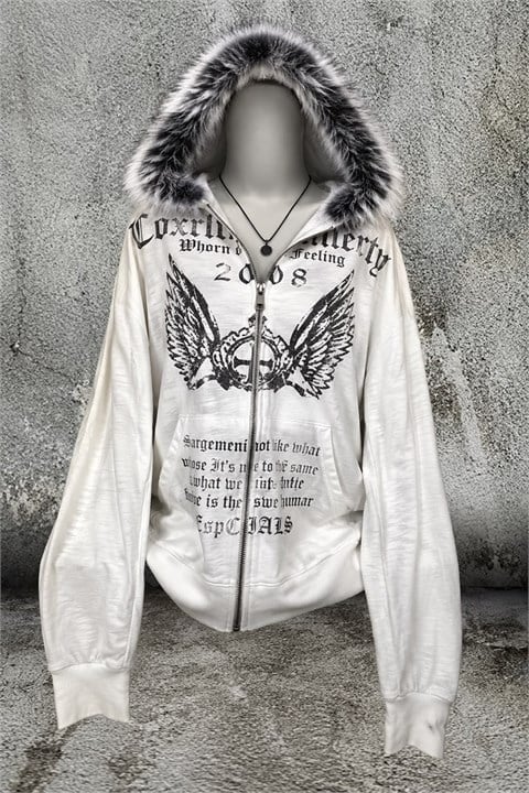 Gri Melanj Crown Wings Gotik Kürklü Kapüşonlu Y2K Crop Hırka