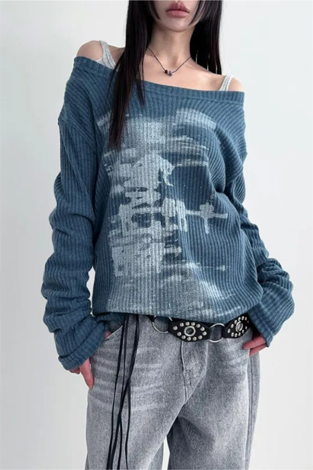 İndigo Vintage Lost Omuz Dekolteli Sweatshirt