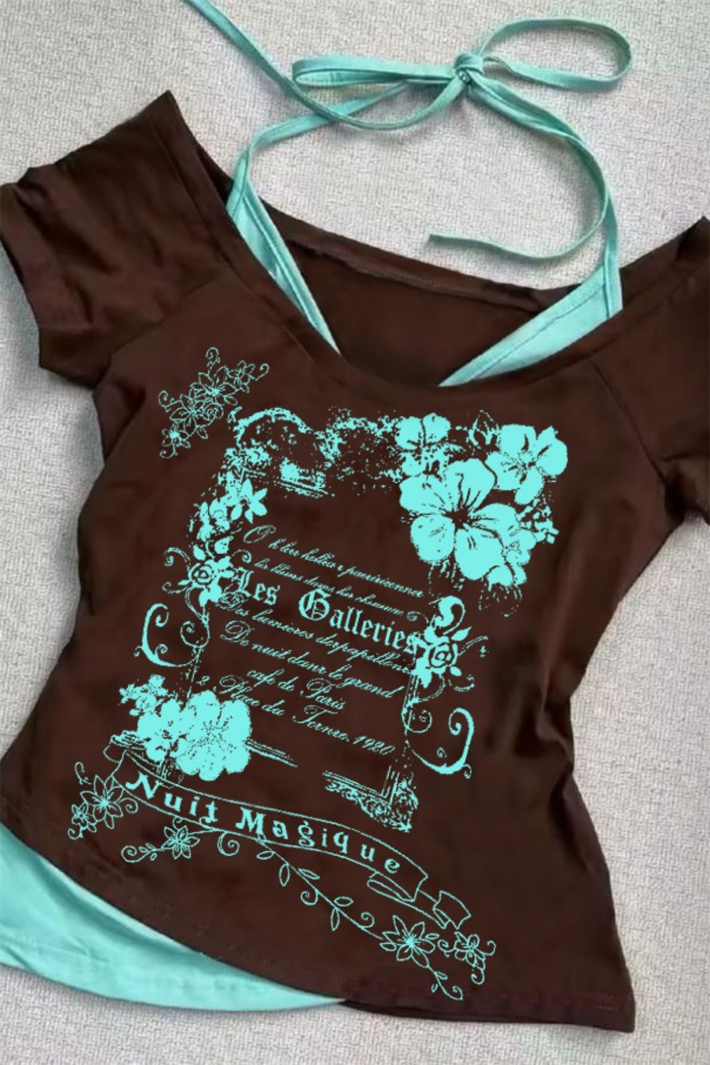 Kahverengi Nuit Magique Madonna Yaka Ek Askılı Kısa Kollu Full Body Crop