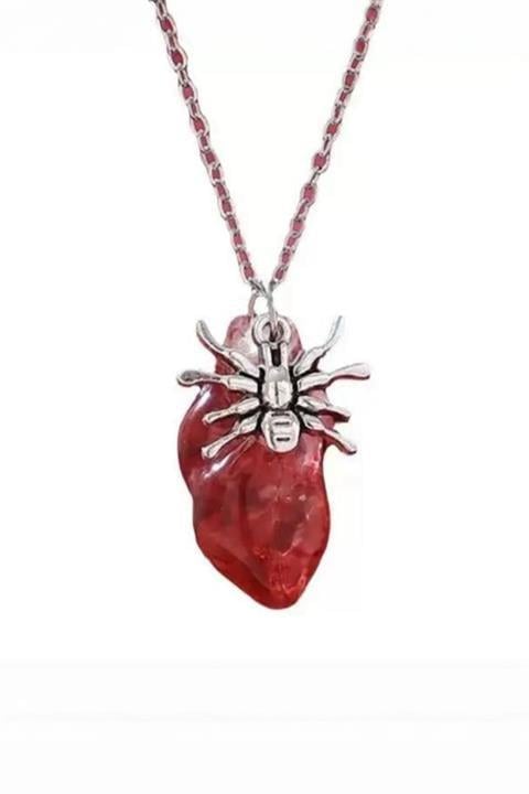 Kan Kırmızı Anatomik Silver Gotik Örümcek Kolye