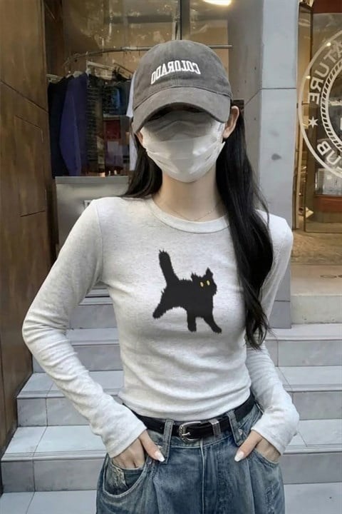 Kar Melanj Cat Bisiklet Yaka Street Y2K Uzun Kollu Crop