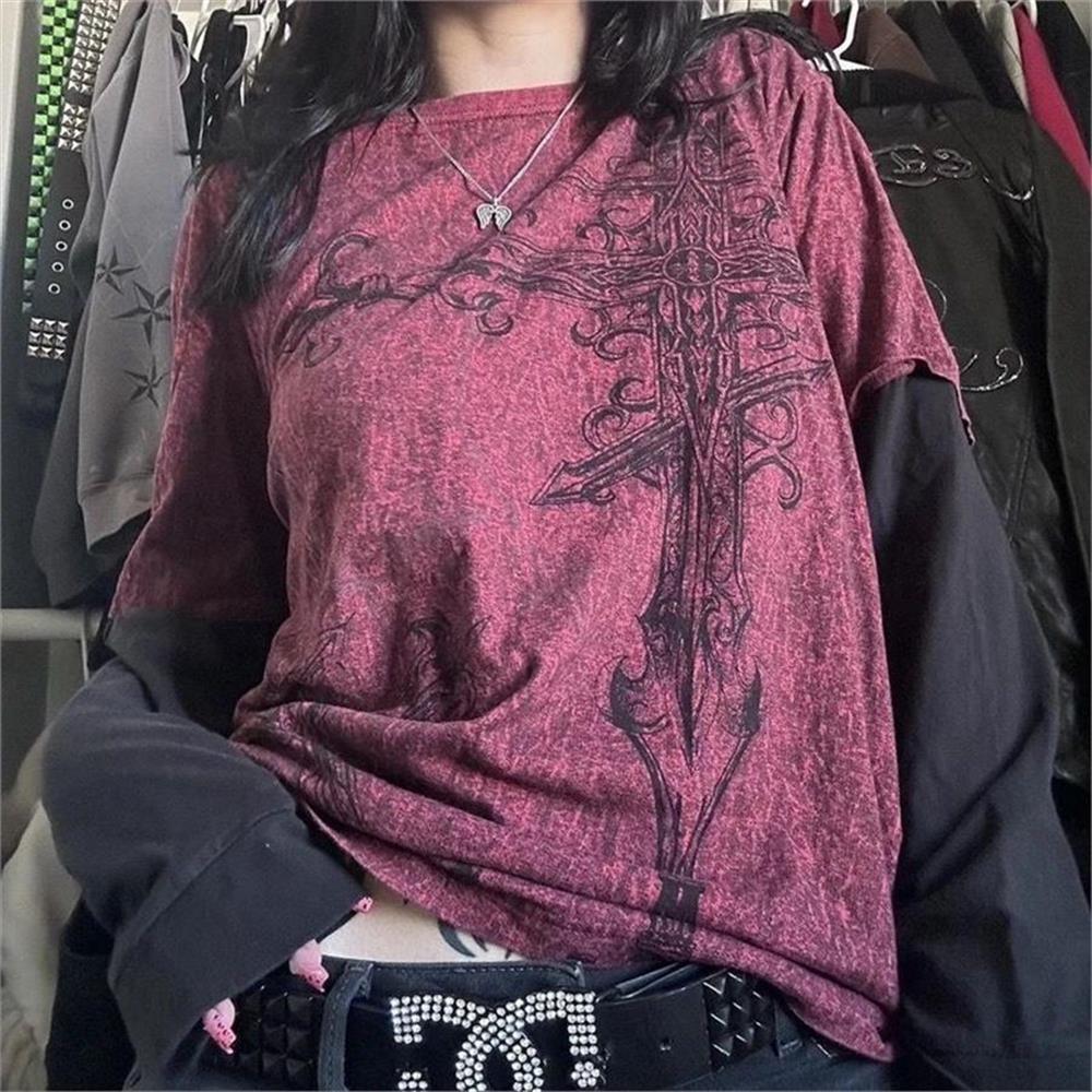 Kırçıllı Bordo Vintage Ancient Cross Cyber Grunge İnce Sweatshirt
