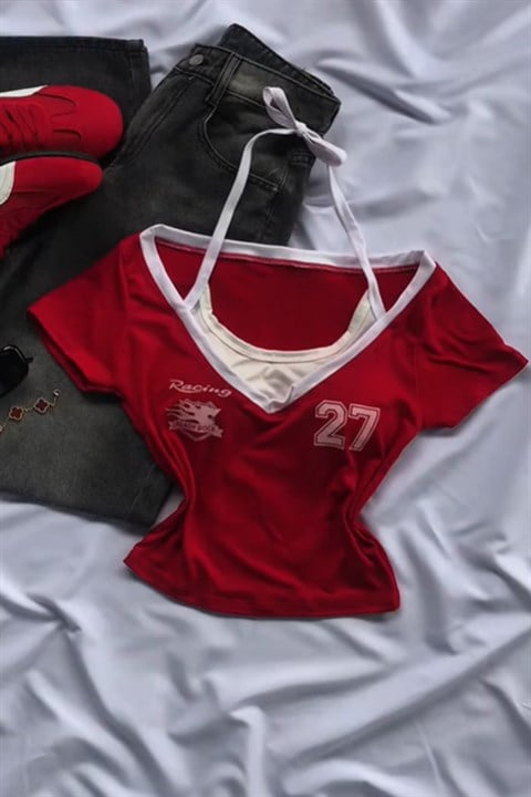Kırmızı Racing 27 Number Ek Askılı Y2K Kısa Kollu Crop