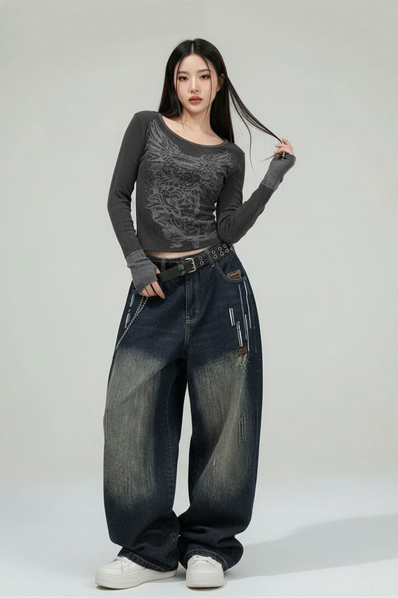 Lacivert D2T Vintage Yıkamalı Baggy Y2K Pantolon