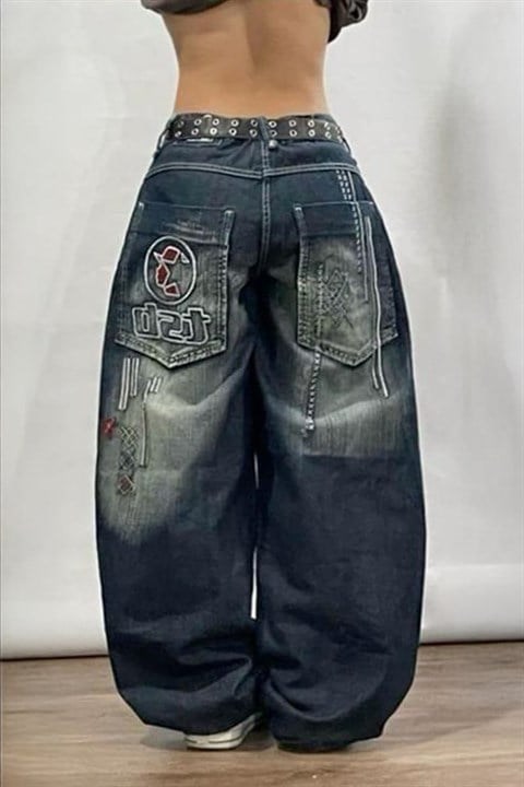 Lacivert D2T Vintage Yıkamalı Baggy Y2K Pantolon