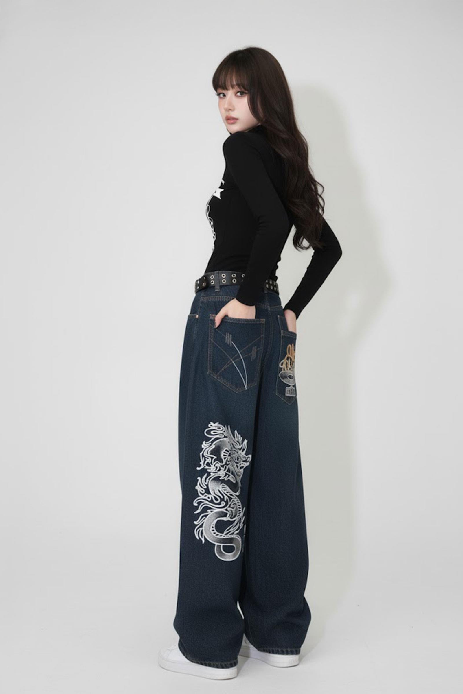 Lacivert Dragon Vintage Yıkamalı Baggy Y2K Pantolon