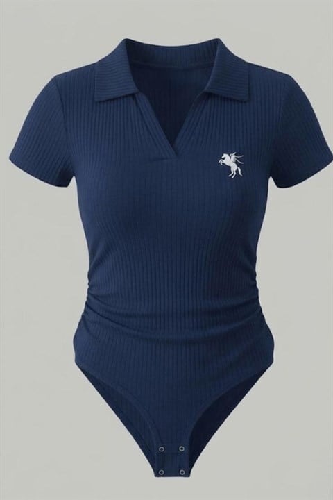 Lacivert Polo Ribana Y2K Çıtçıtlı Body