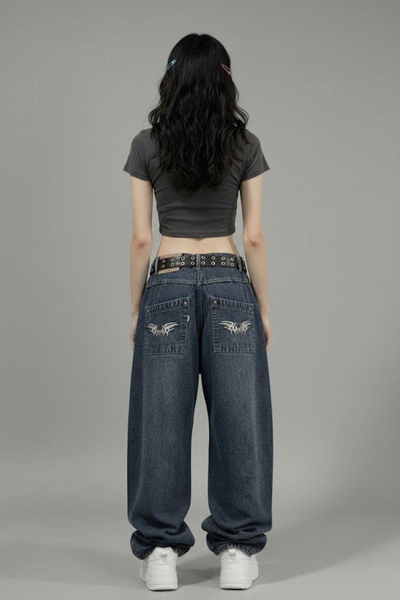 Lacivert Retro Yıkamalı Harajuku Baggy Y2K Pantolon