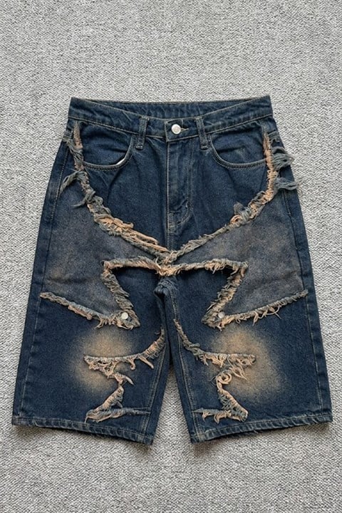 Lacivert Taşlamalı Star Vintage Y2K Unisex Baggy Şort