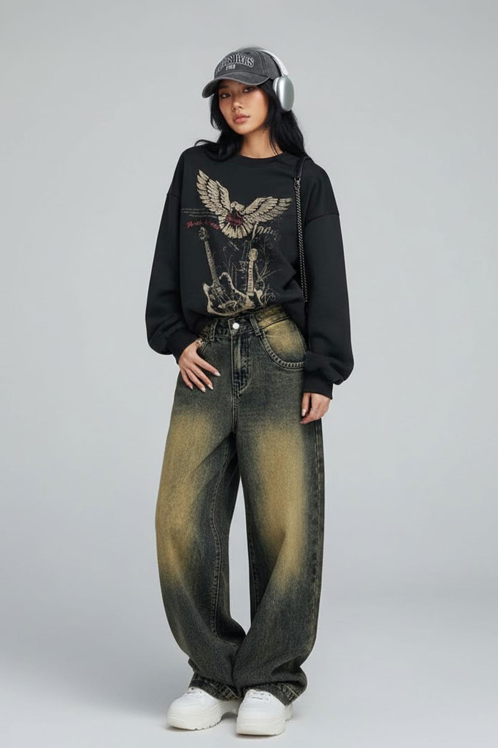 Lacivert Taşlanmış Vintage Kot Pantolon