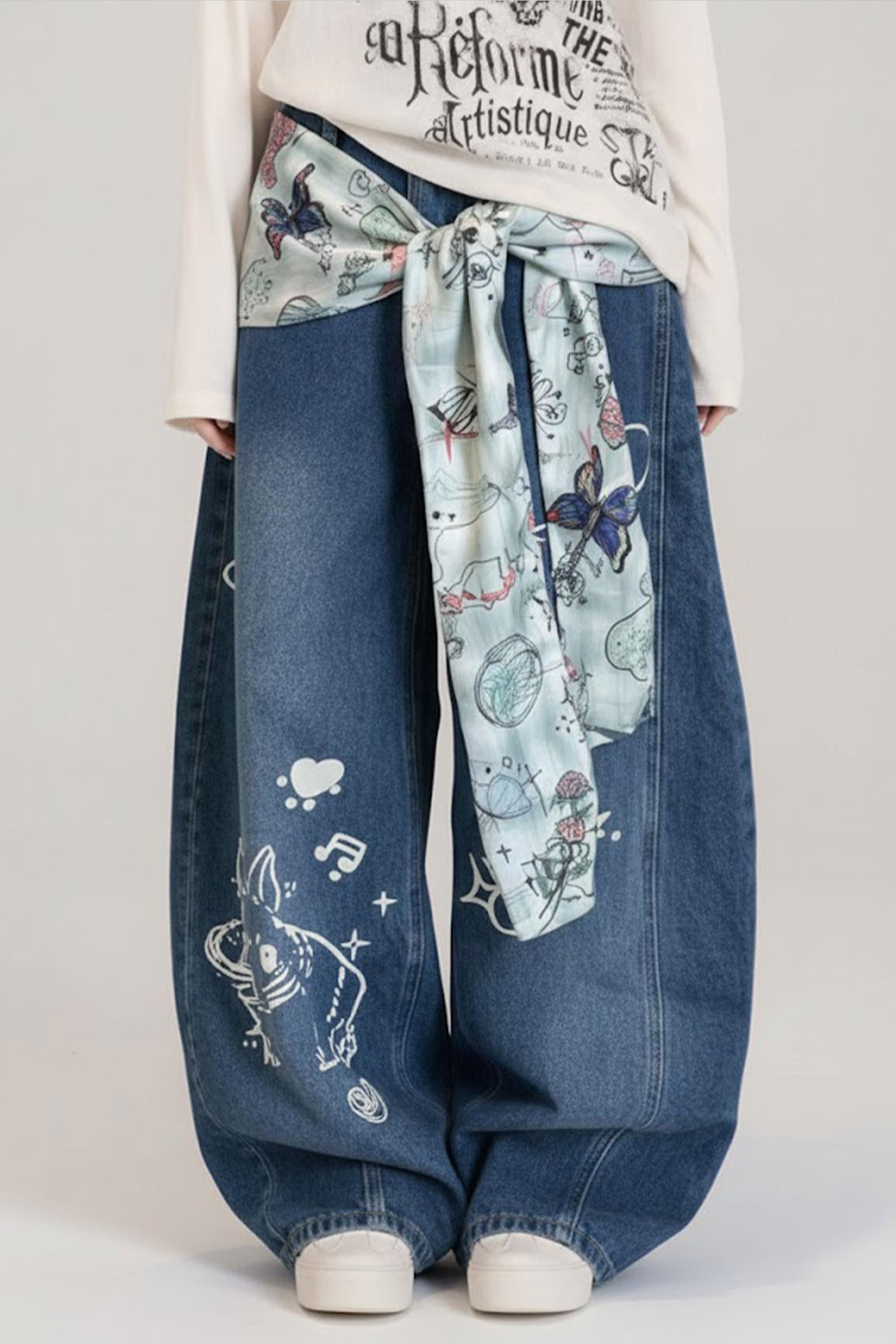 Lacivert Vintage Fularlı Tavşan Baskılı Baggy Pantolon