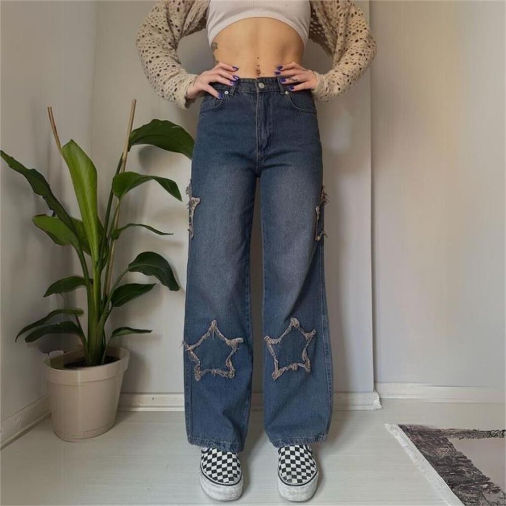 Lacivert Yıldız Yamalı Vintage Kot Pantolon