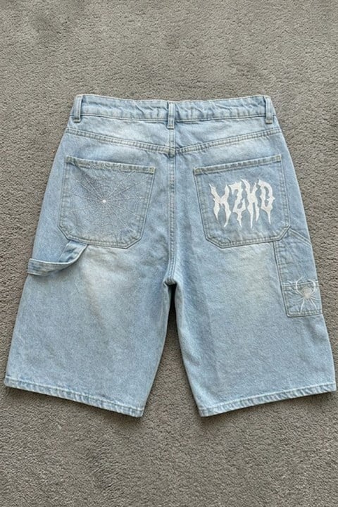 Mavi Taşlamalı MZKD Spider Y2K Baggy Unisex Şort