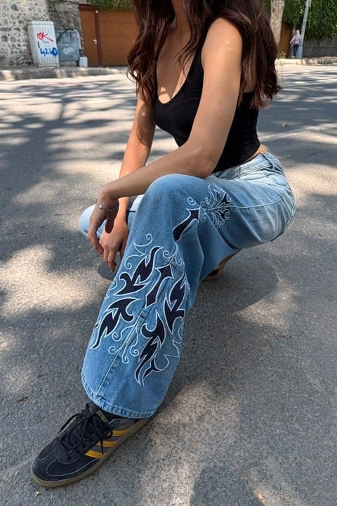 Mavi Tribal Taşlamalı Gotik Y2K Unisex Baggy Pantolon