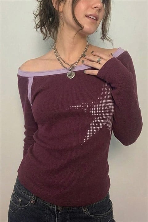 Mürdüm Star Omuz Dekolteli Parçalı Y2K Uzun Kollu Crop