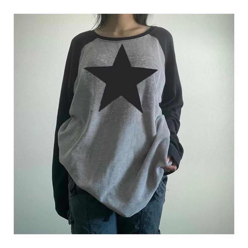 Old School Yıldız Baskılı Gri Raglan Oversize (Unisex) Uzun Kollu