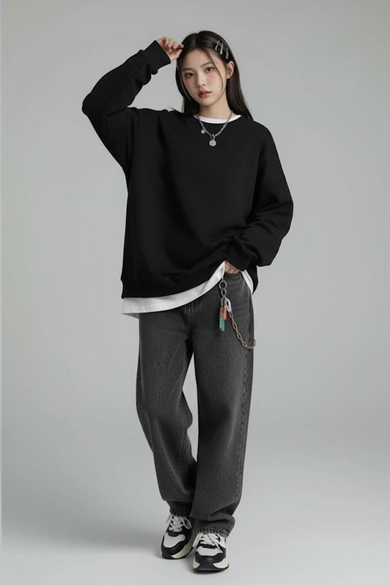 Oversize Düz Siyah Orta Kalın Kumaş Oversize Unisex Uzun Kollu