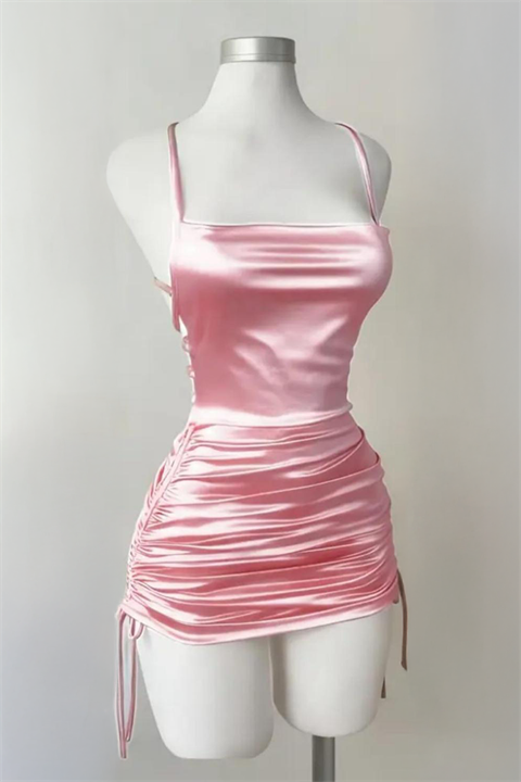 Pembe Büzgülü Sırt İpli & Dekolteli Askılı Gotik Y2K Saten Elbise