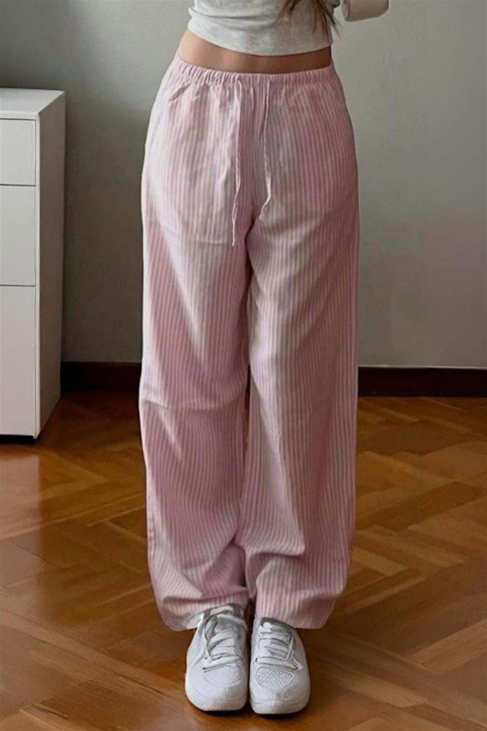 Pembe Çizgili Beli Lastikli Harajuku Eşofman