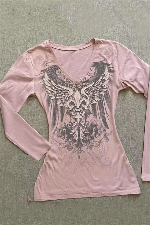Pembe Gothic Wing Y2K Uzun Kollu Crop