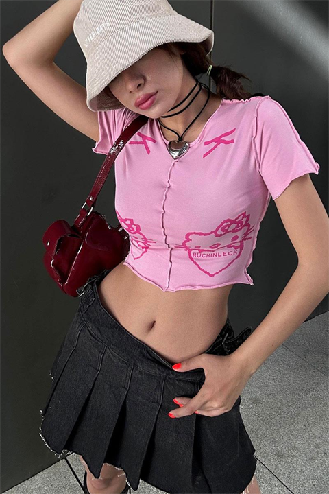 Pembe Hello Kitty - Ruchinleck Grunge Y2K Kısa Kollu Crop