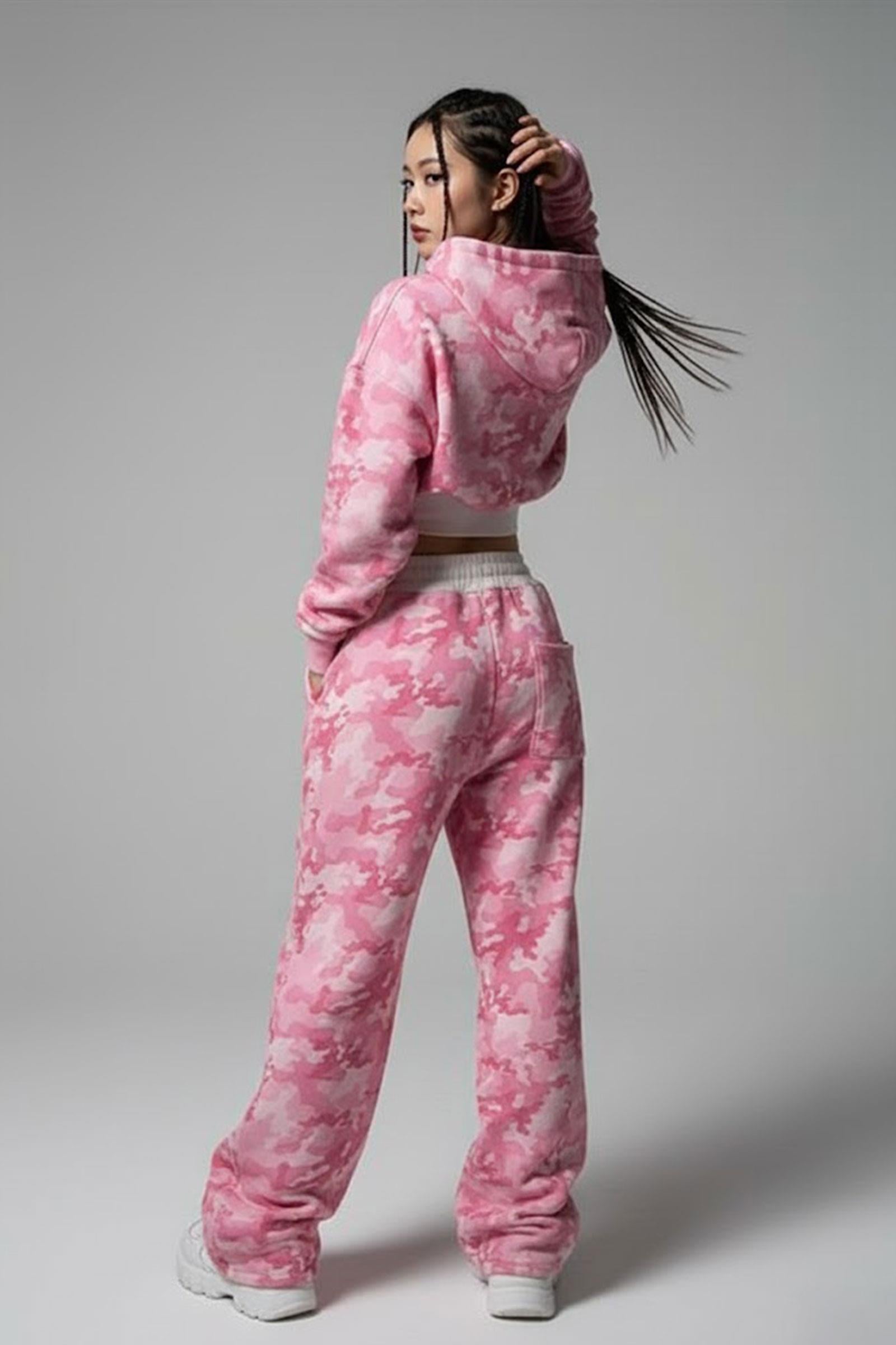 Pembe Kamuflaj Juicy Grunge Lastikli Crop Hırka Alt-Üst Takım