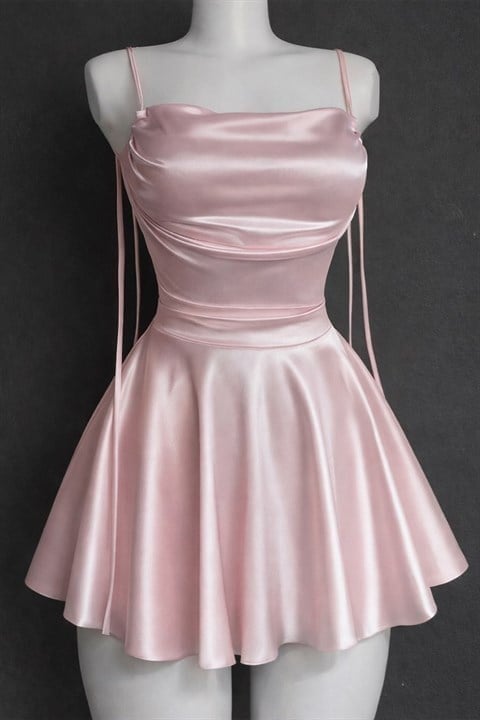 Pembe Saten Drape Detaylı İp Askılı Elbise