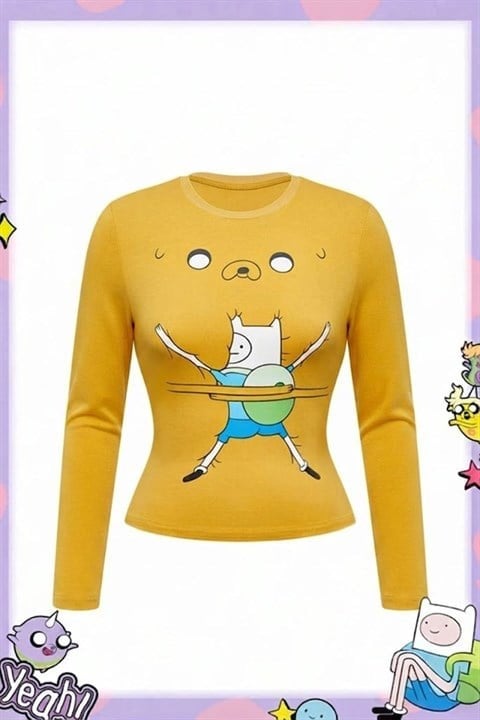 Sarı Adventure Time Finn and Jack Y2K Uzun Kollu Crop
