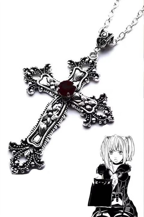 Silver Anime Misa Haç Sİyah Taş Detaylı Kolye