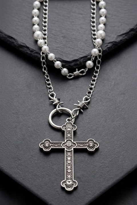 Silver İnci Şeritli Cross Diken Detaylı  Gotik Kolye