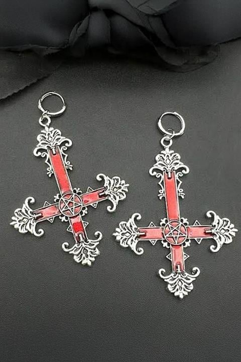 Silver Kırmızı Gotik Cross Pentagram küpe