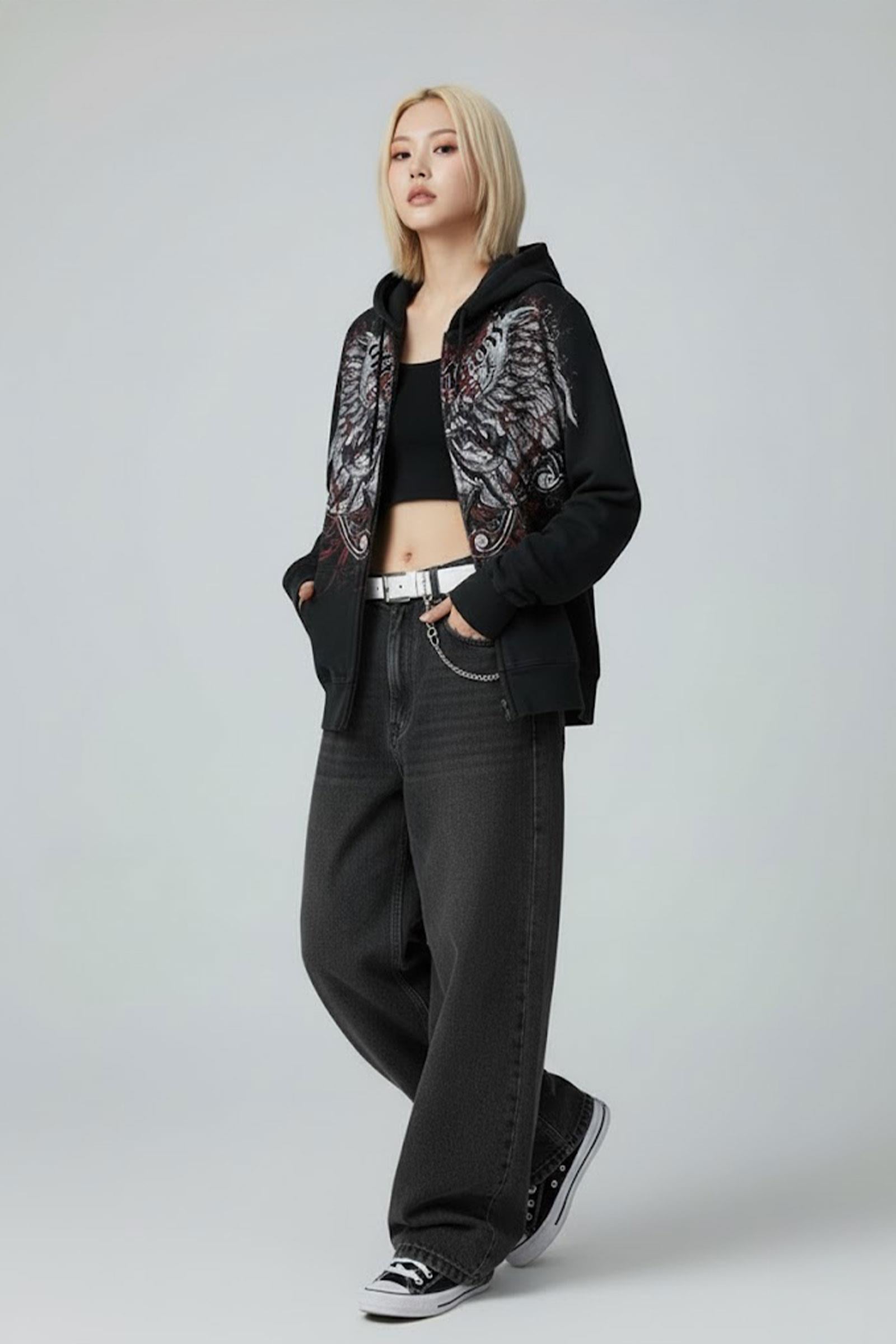 Siyah Affliction Wing Tribal Harajuku  Y2K Kapüşonlu Unisex Hırka