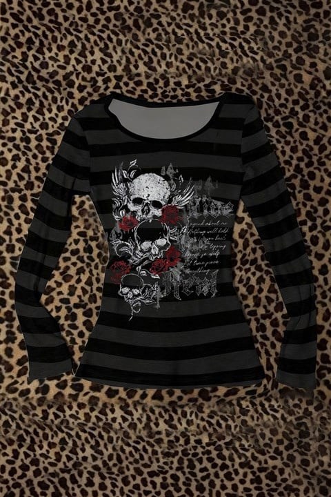 Siyah Antrasit Çizgili Skull Red Rose Gotik Y2K Uzun Kollu Crop