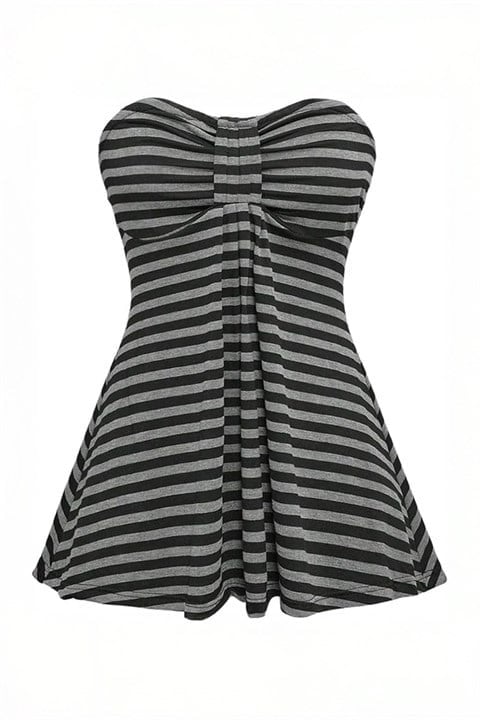Siyah Antrasit Çizgili Twist Y2K Straplez Crop