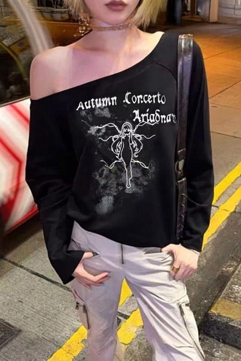 Siyah Autumun Corcerto Salaş Omuz Dekolteli Y2K Uzun Kollu Off-Shoulder T-Shirt