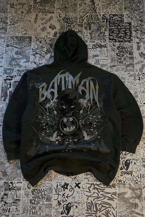 Siyah Batman Sırt Baskılı Cartoon Unisex Hırka