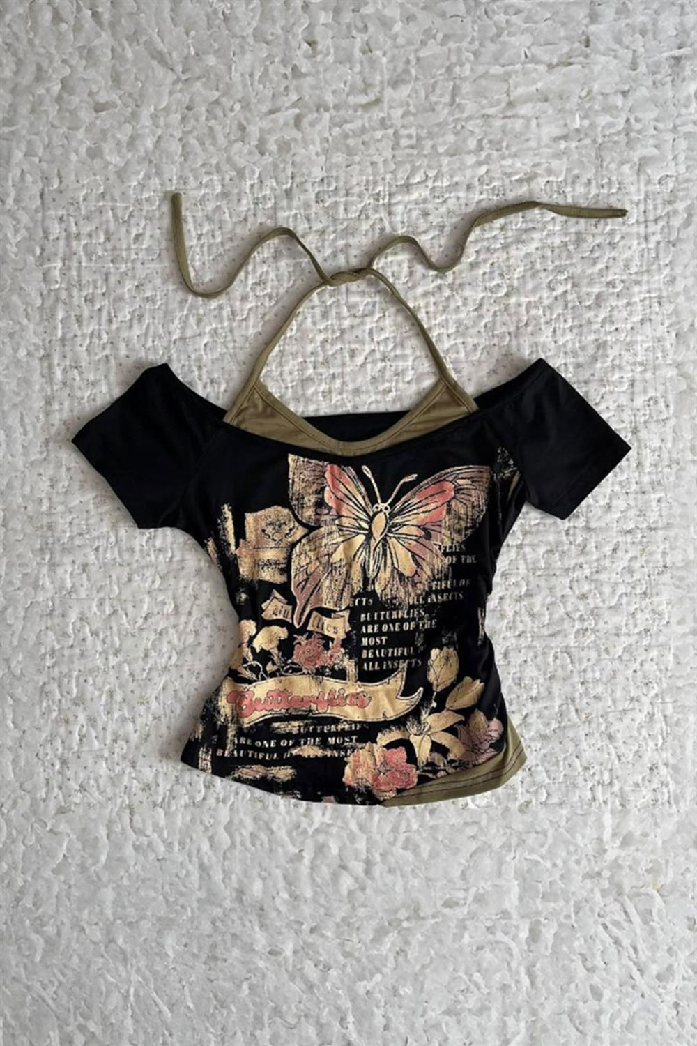 Siyah Butterfly Madonna Yaka Ek Askılı Kısa Kollu Full Body Crop