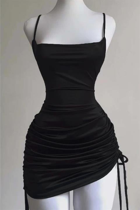 Siyah Büzgülü Sırt İpli & Dekolteli Askılı Gotik Y2K Elbise